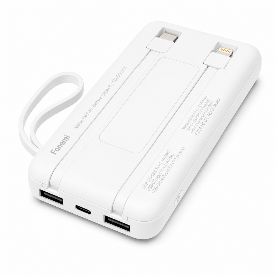 Fonemi FM-P167 (Бял)  Соларна преносима батерия с вградени кабели 10,000mAh 2.4A