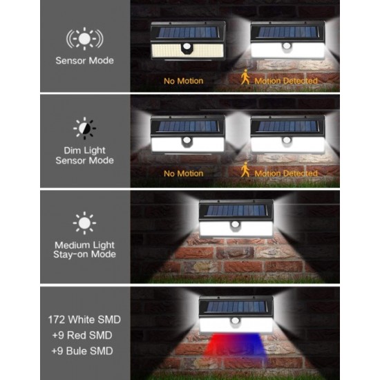 CL-S190 LED соларна лампа 190 SMD Водоустойчив PIR сензор за движение стенна лампа синьо червено