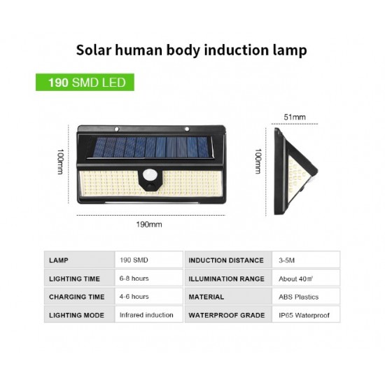 CL-S190 LED соларна лампа 190 SMD Водоустойчив PIR сензор за движение стенна лампа синьо червено
