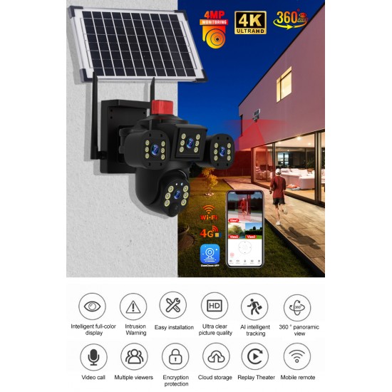 V380-ZS12-4G СОЛАРНА ТРОЙНА IP Камера 8MP ( APP:V380PRO) Въртяща водоустойчива камера с 3 обектива