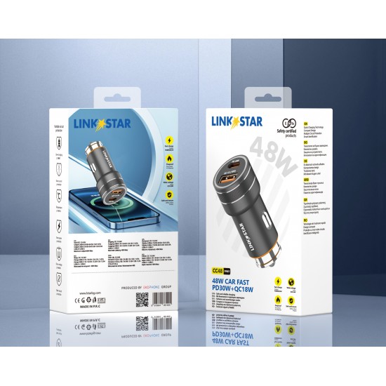 LINK✮STAR Адаптер 48W за кола CC48 с 2изх. PD30W + QC18W USB-C+USB 