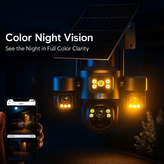 IP Соларна Камера HY-3073DS 4G 9MP 1080P с 3 обектива ( APP:V380 Pro ) HD 360 градуса с микрофон и високоговорител и LED светлина