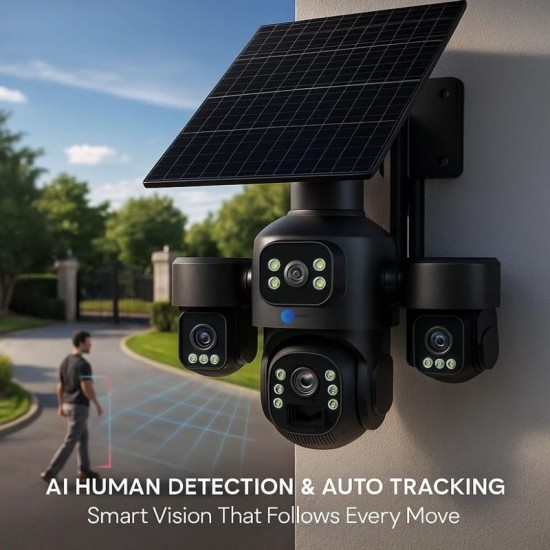 IP Соларна Камера HY-3073DS 4G 9MP 1080P с 3 обектива ( APP:V380 Pro ) HD 360 градуса с микрофон и високоговорител и LED светлина