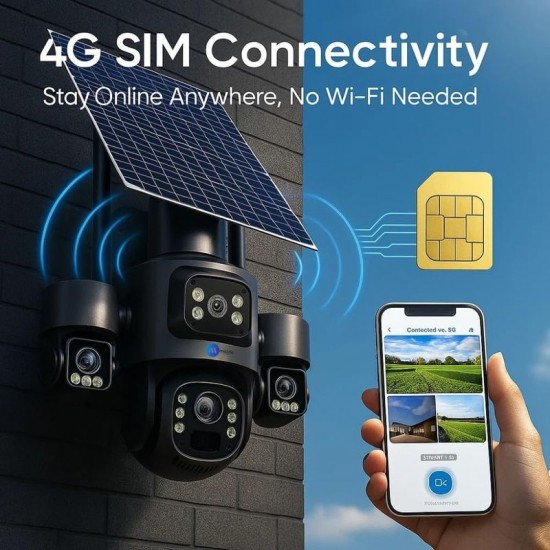 IP Соларна Камера HY-3073DS 4G 9MP 1080P с 3 обектива ( APP:V380 Pro ) HD 360 градуса с микрофон и високоговорител и LED светлина