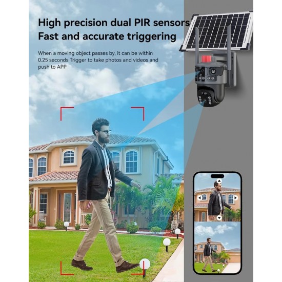 IP Соларна Камера HY-ZS33-WIFI 8MP 1080P с 3 обектива ( APP: V380 PRO ) HD 360 градуса с микрофон и високоговорител и LED светлина