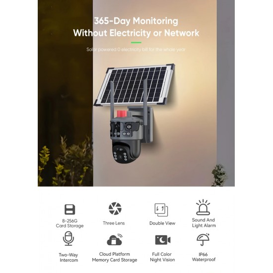 IP Соларна Камера HY-ZS33-WIFI 8MP 1080P с 3 обектива ( APP: V380 PRO ) HD 360 градуса с микрофон и високоговорител и LED светлина