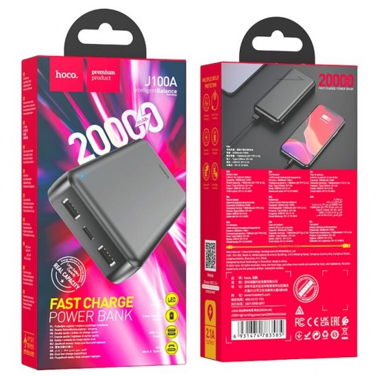 HOCO J100A Powerbank 20,000mAh Fast Charge, с 3 изхода USB x 2 T-C x 1 - Черен