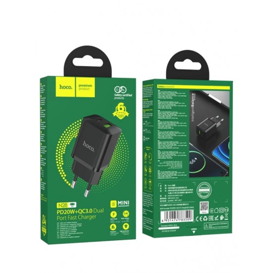 HOCO 20W Адаптер N28 с изх. USB-C+USB PD-20W+QC3.0A - Черен