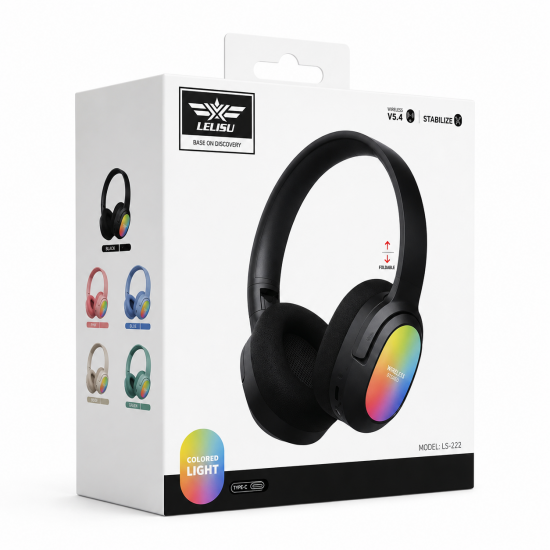 LELISU LS-257 Безжични Bluetooth слушалки  V5.4 с RGB осветление, Type-C, до 10 часа работа – Черен
