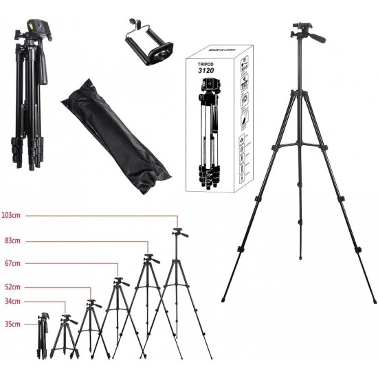 TRIPOD 3120A – Алуминиев преносим и сгъваем статив с регулируема височина и държач за телефон, 105 см
