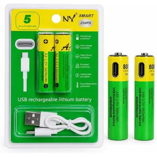 2БР. AA литиеви батерии зареждащи се с USB-C кабел 3400mWh 1.5 V литиево-йонна батерия