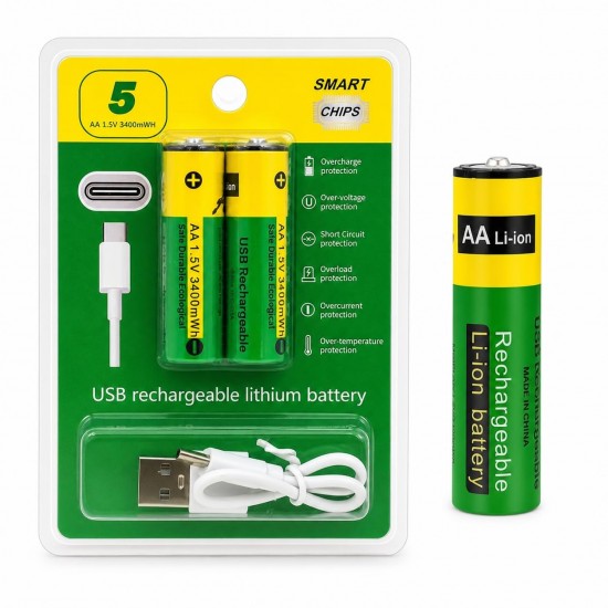 2БР. AA литиеви батерии зареждащи се с USB-C кабел 3400mWh 1.5 V литиево-йонна батерия