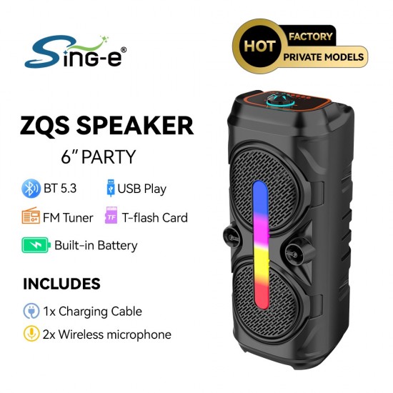 ZQS6239 Подвижна Караоке 6'' Sing-e 15W тонколона+ 2 безжични микрофона