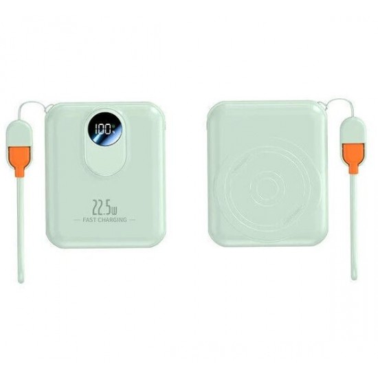 Компактен външна батерия с MagSafe GH-689 10,000mAh 15W с дисплей и вграден кабел - Зелен