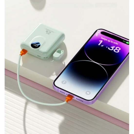 Компактен външна батерия с MagSafe GH-689 10,000mAh 15W с дисплей и вграден кабел - Зелен
