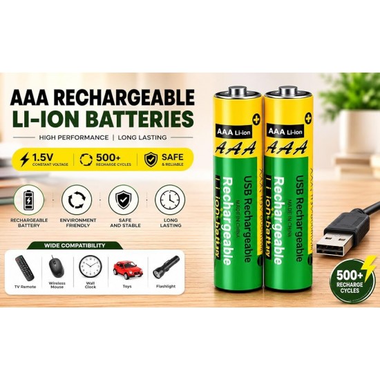 2БР. AAA литиеви батерии зареждащи се с USB-C кабел 800mWh 1.5 V литиево-йонна батерия