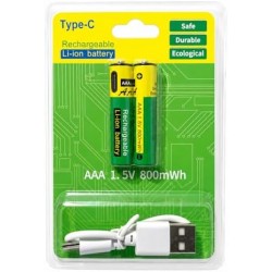 2БР. AAA литиеви батерии зареждащи се с USB-C кабел 800mWh 1.5 V литиево-йонна батерия