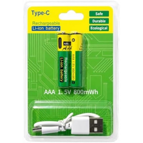 2БР. AAA литиеви батерии зареждащи се с USB-C кабел 800mWh 1.5 V литиево-йонна батерия