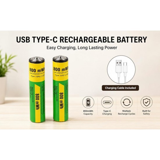 2БР. AAA литиеви батерии зареждащи се с USB-C кабел 800mWh 1.5 V литиево-йонна батерия