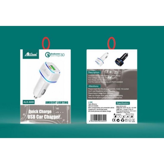 ALLISON A600  12V 18W Адаптер с 2 изхода PD18W+QC3.0 с LED осветление - Бял
