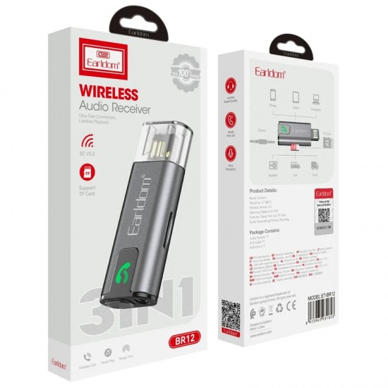 EARLDOM ET-BR12 Bluetooth 5.3 Аудио Ресийвър с AUX, TF и USB – Безжично Свързване и Възпроизвеждане