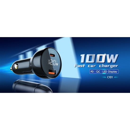 LDNIO C101 Зарядно за кола 100W USB-C към USB-C – Dual USB-C, QC4+, LED дисплей