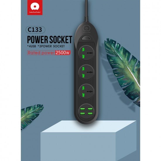Разклонител WUW C133 с 3 гнезда И 4 USB порта 2.1A 2500W