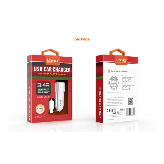 12V Зарядно 3.4A LDNIO C331 2 PORT USB към Lightning