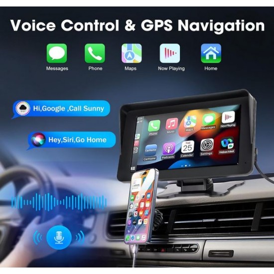 Преносим 7" безжичен CarPlay и Android Auto екран C690 за автомобил – тъчскрийн с Bluetooth, GPS, камера за заден ход, AUX и FM трансмитер