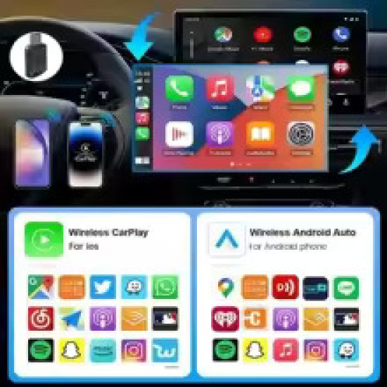 CarPlay/Android Auto CA03 Адаптер Безжичен – Dual-Band 2.4G/5.8GHz, Bluetooth 4.2, Plug & Play, Поддържа OTA