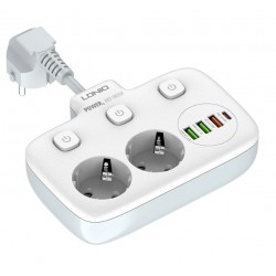 Разклонител LDNIO SE2435, 2 гнезда, CEE 7/3, 2500W, 1 x Type-C F, 3 x USB F, PD, QC, Бял