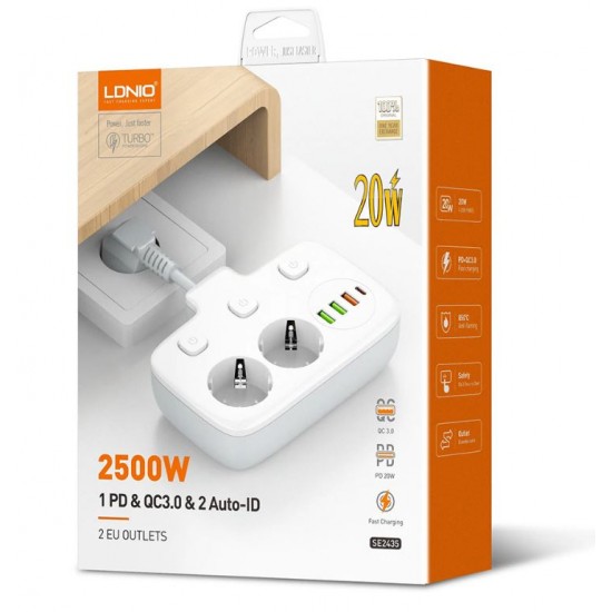 Разклонител LDNIO SE2435, 2 гнезда, CEE 7/3, 2500W, 1 x Type-C F, 3 x USB F, PD, QC, Бял