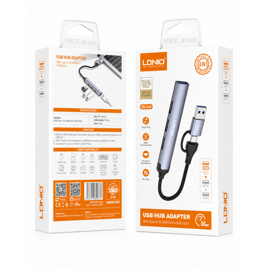 HUB Ldnio DS64U 4в1 USB-C+USB КЪМ 4xUSB 480MB/ps