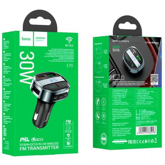 HOCO E70 FM Трансмитер с Bluetooth 2USB (PD30W,+QC3.0)