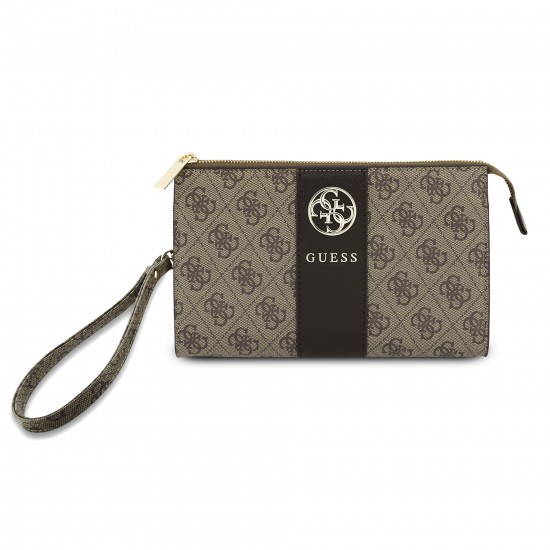 9594 GUESS PHONE POUCH 4G PU W/ROUND 4G & CLASSIC LOGOS STRIPE BROWN