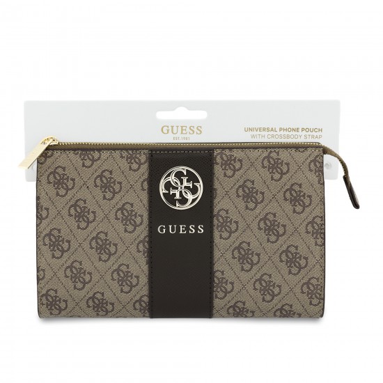 9594 GUESS PHONE POUCH 4G PU W/ROUND 4G & CLASSIC LOGOS STRIPE BROWN