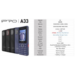 Мобилен телефон IPRO A33+БГ МЕНЮ /2G/32+32MB/2.4inch/0.08MP/2500mAh/Dual Sim/ДвоенФенер - Черен
