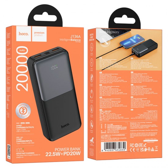 HOCO PowerBank “J136A Powerful” 20,000mAh PD42.5W 2xUSB-A 2xUSB-C (Черен)