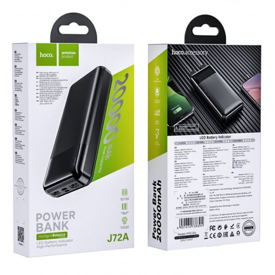 HOCO PowerBank “J72A Easy travel” 20,000mAh Micro-USB/Type-C вход и двоен USB2A изход+LED индикатор(Черен)