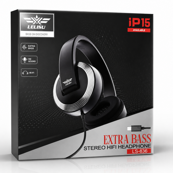 LELISU LS-836 Стерео слушалки  с USB Type-C кабел, Extra Bass, Hi-Fi звук – Черен