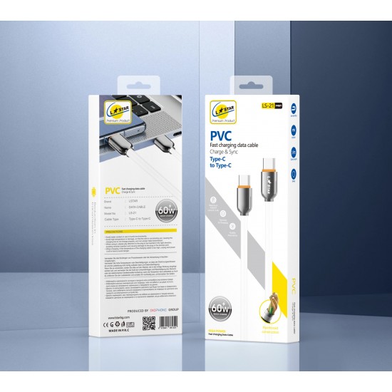 L✮Star LS-21 Кабел за Телефон 60W Fast Type-C към Type-C - Бял