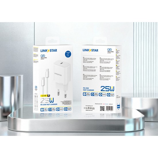 LINKSTAR LS-48 25W USB-C PD бързо зарядно Type-C към Type-C - Бял