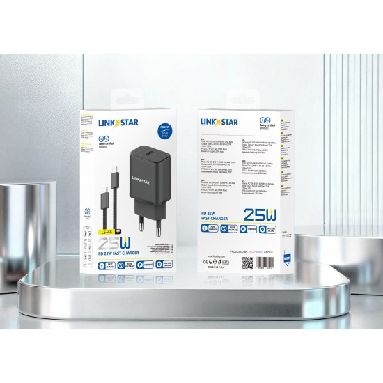 LINKSTAR LS-48 25W USB-C PD бързо зарядно Type-C към Type-C - Черен