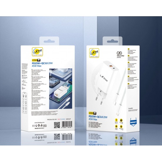 L✮Star 45W 2в1 LS56 2изх. PD(25W)+QC3.0(20W)+кабел USB-C към Lightning