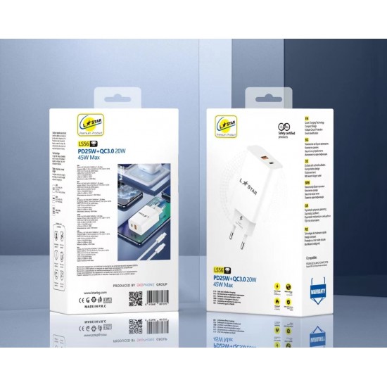 L✮Star 45W 2в1 LS56 2изх. PD(25W)+QC3.0(20W)+кабел USB-C към Lightning