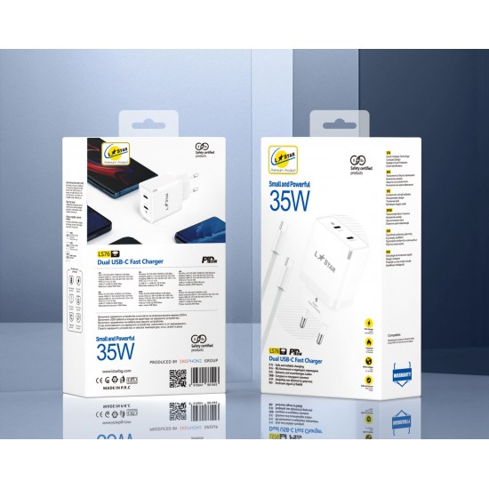L✮Star LS76 2в1 PD35W с два USB-C порта GaN+кабел USB-C към USB-C