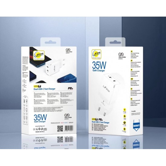 L✮Star LS76 GaN Адаптер PD35W с два USB-C порта - Бял
