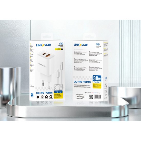 LINKSTAR LS-82 38W USB-C PD + USB-A QC бързо зарядно Type-C към Type-C