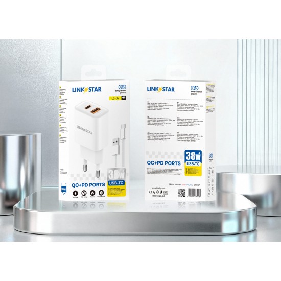 LINKSTAR LS-82 38W USB-C PD + USB-A QC бързо зарядно USB към Type-C