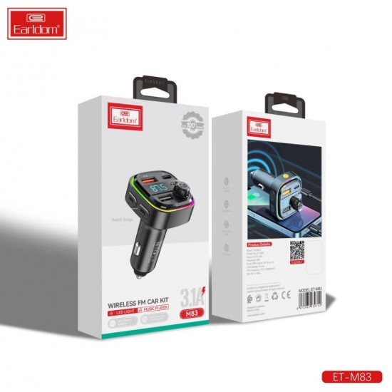 EARLDOM M83 FM Трансмитер с бързо зареждане за кола 1USB-C2USB 3.1A с амбиентно осветление